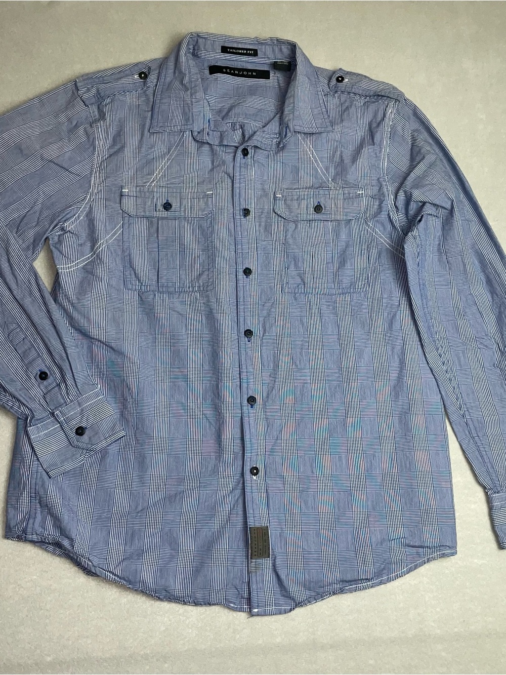 Sean John 100% Cotton Tailored Fit Light Blue Striped Button-Front Shirt Size L